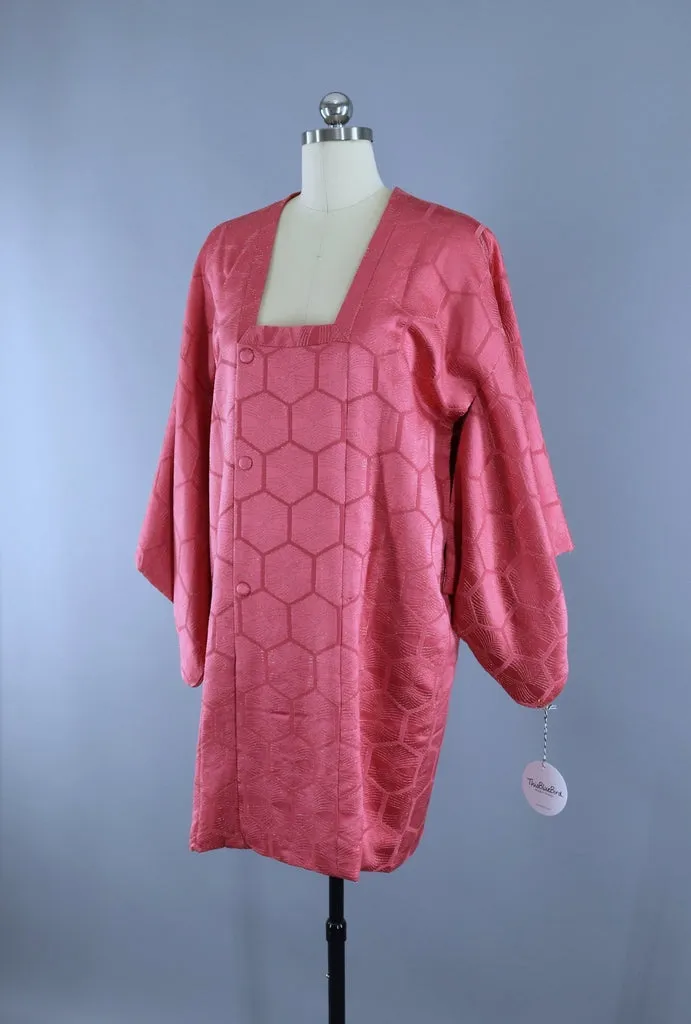 Vintage Silk Kimono Jacket in Pink and Metallic Hexagons Hex