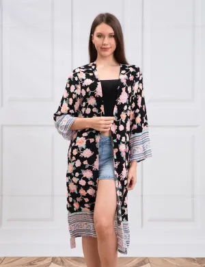 WOMEN'S BLACK KIMONO WITH FLORAL DESIGN