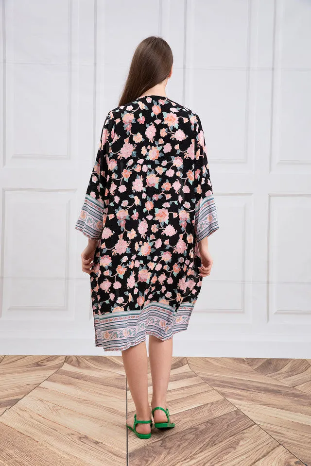WOMEN'S BLACK KIMONO WITH FLORAL DESIGN