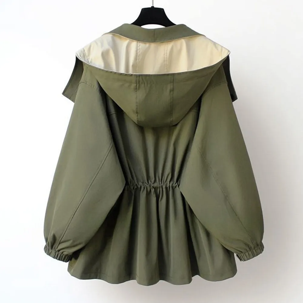 Women's Mid-Length Waisted Windbreaker Hooded Zippered Loose Work Jacket