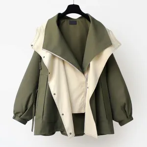 Women's Mid-Length Waisted Windbreaker Hooded Zippered Loose Work Jacket