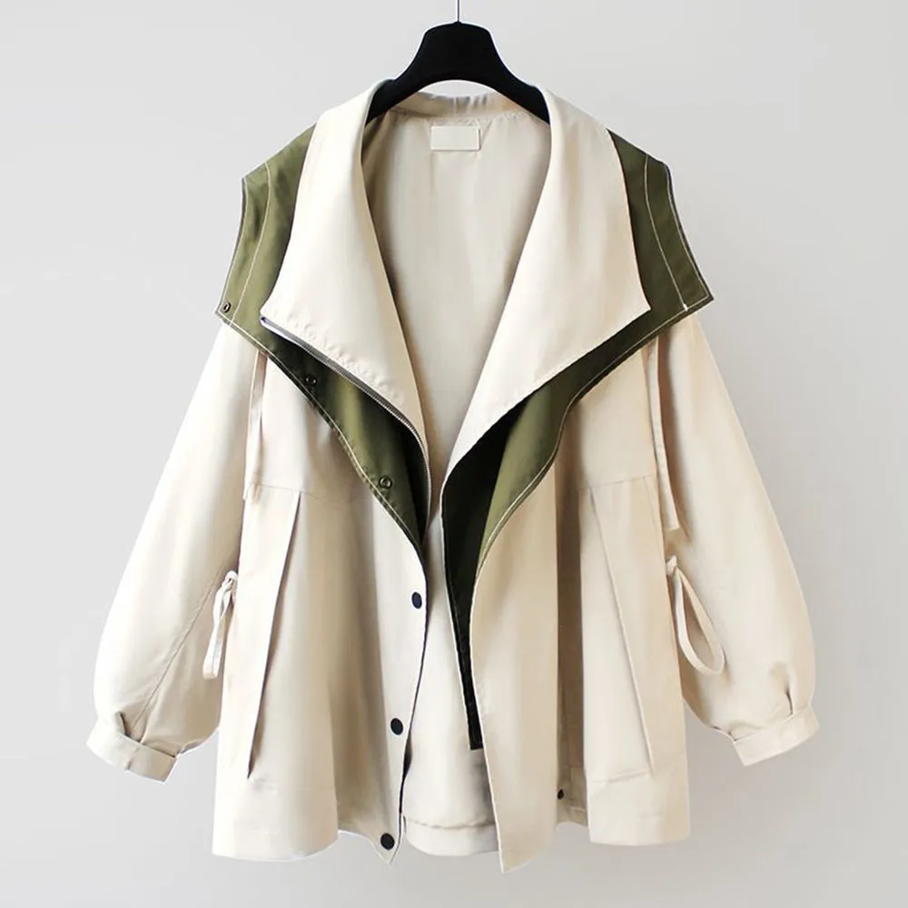 Women's Mid-Length Waisted Windbreaker Hooded Zippered Loose Work Jacket