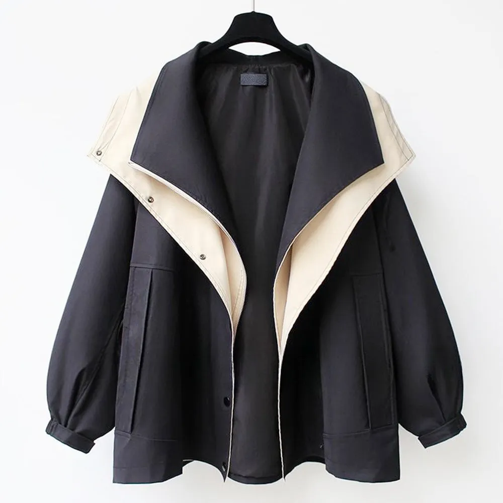 Women's Mid-Length Waisted Windbreaker Hooded Zippered Loose Work Jacket