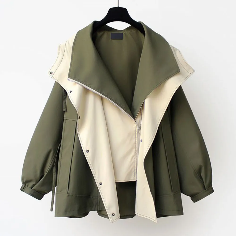 Women's Mid-Length Waisted Windbreaker Hooded Zippered Loose Work Jacket
