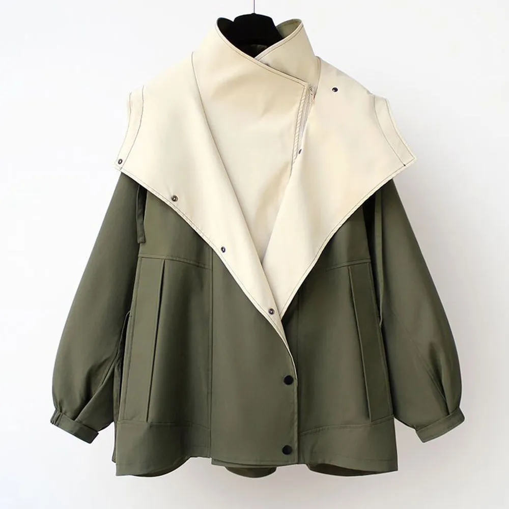 Women's Mid-Length Waisted Windbreaker Hooded Zippered Loose Work Jacket
