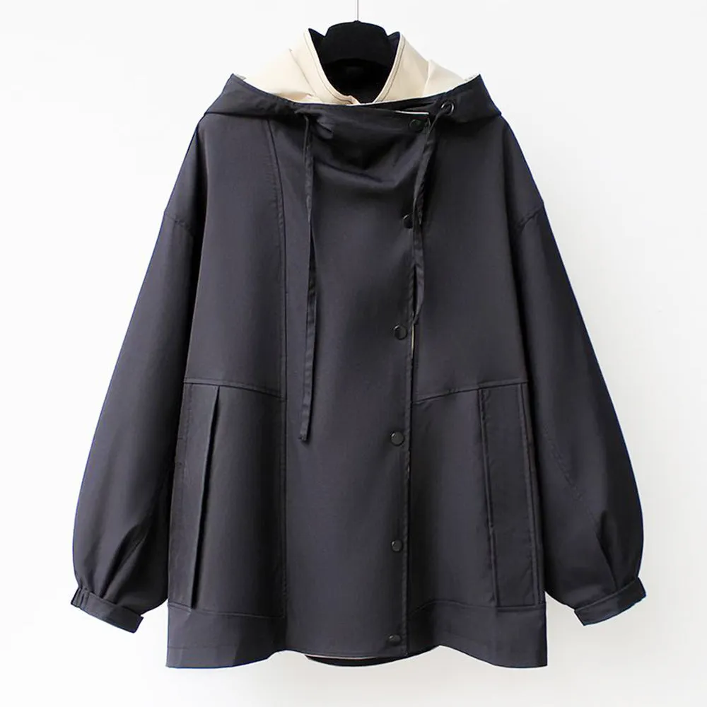 Women's Mid-Length Waisted Windbreaker Hooded Zippered Loose Work Jacket