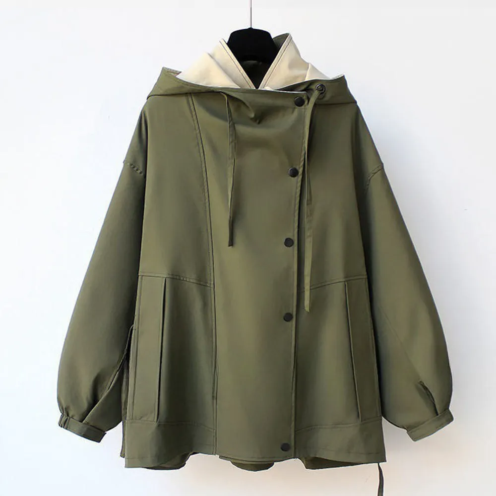 Women's Mid-Length Waisted Windbreaker Hooded Zippered Loose Work Jacket