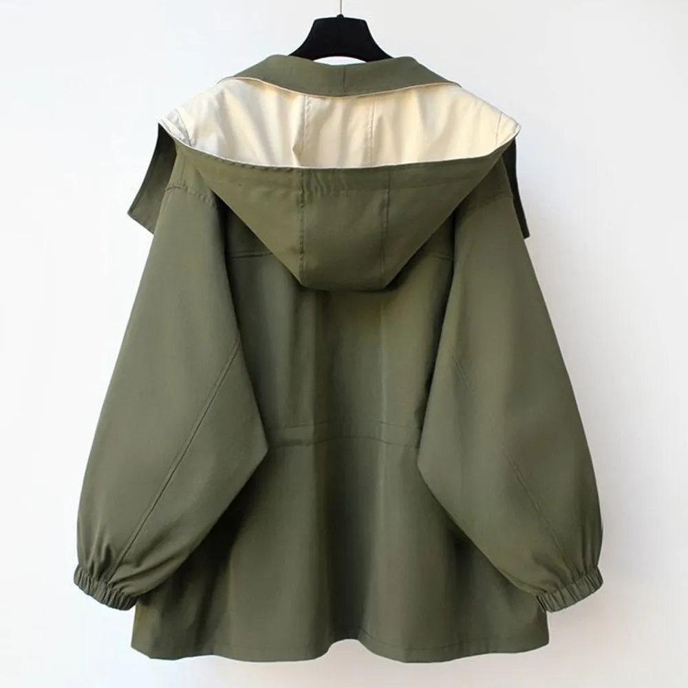 Women's Mid-Length Waisted Windbreaker Hooded Zippered Loose Work Jacket