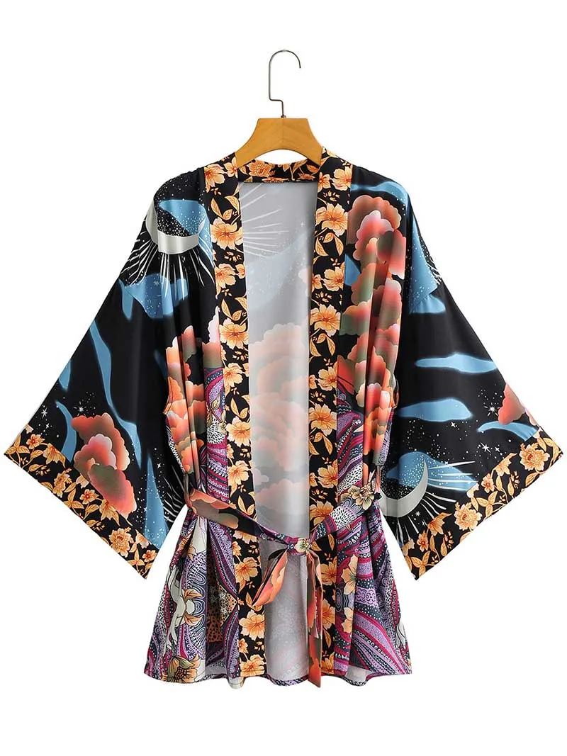 Women's Short Gown Kimono Floral Print Multicolor Polyester Gown Kimono Duster Robe