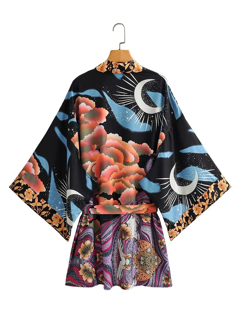 Women's Short Gown Kimono Floral Print Multicolor Polyester Gown Kimono Duster Robe
